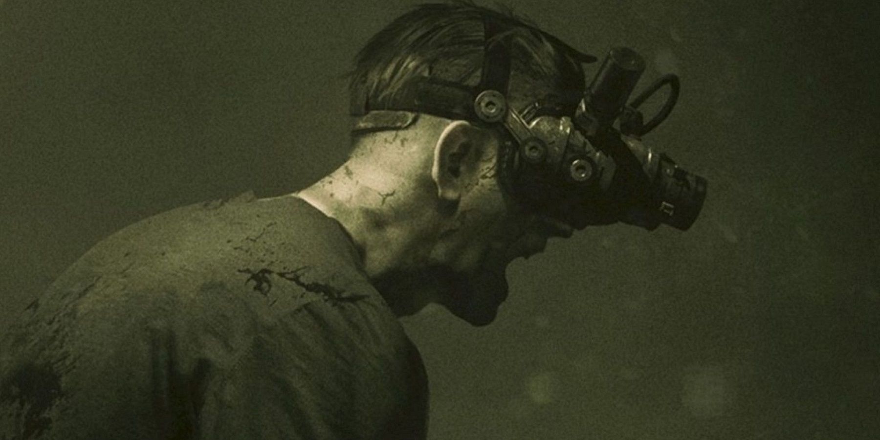 Image from Outlast Trials showing someone wearing night vision goggles.