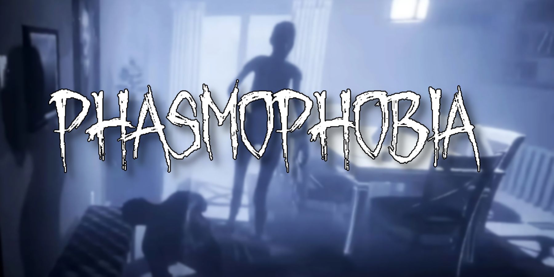 Логотип фазмофобии с изображением призрачного силуэта в столовой.