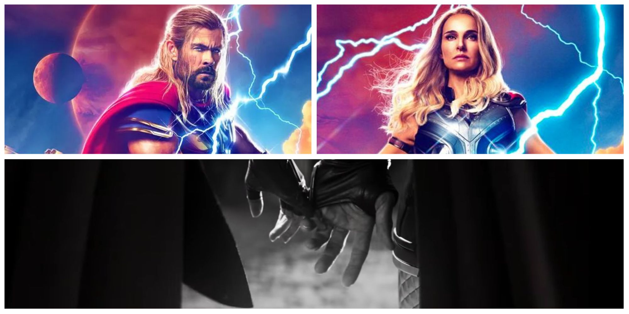 photos of thor and mighty thor for love and thunder in a photo collage