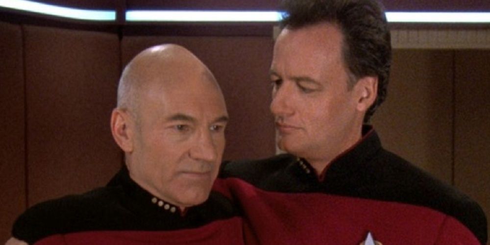 picard and q in starfleet uniforms