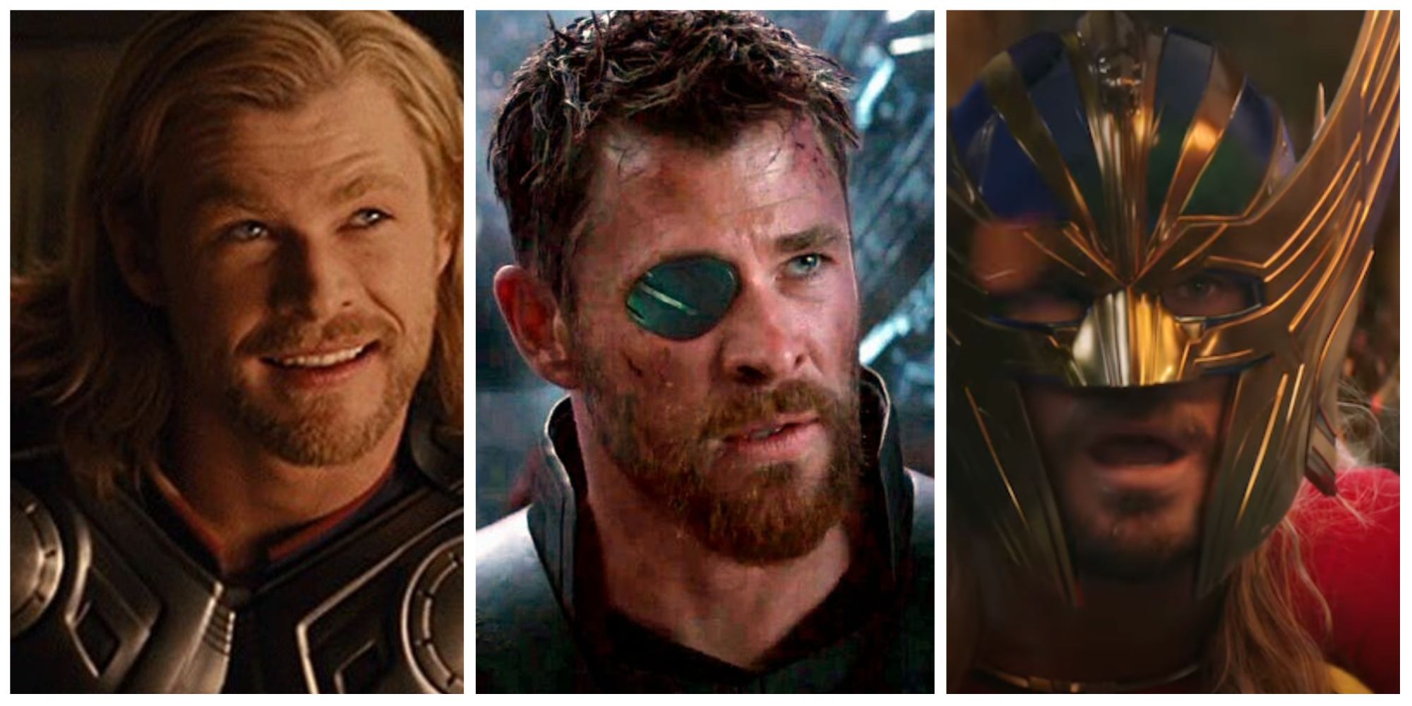 pictures of thor across different marvel cinematic universe films in a photo collage