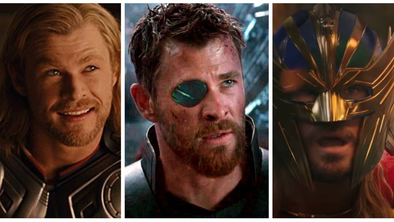 pictures of thor across different marvel cinematic universe films in a photo collage