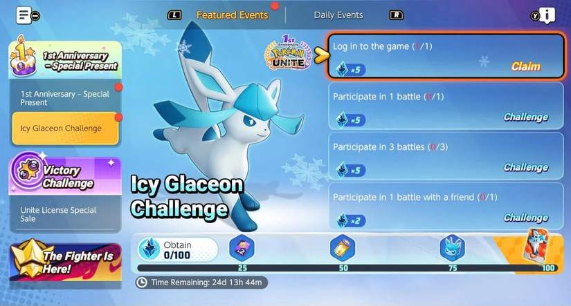 pokemon unite glaceon challenge screen