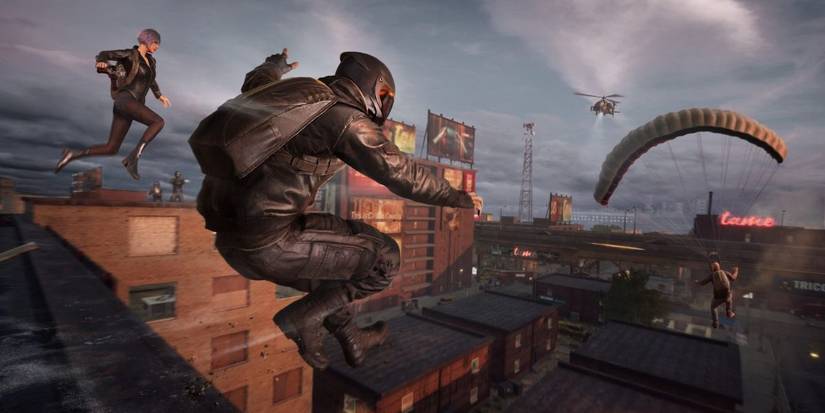 pubg players jumping over of a roof 