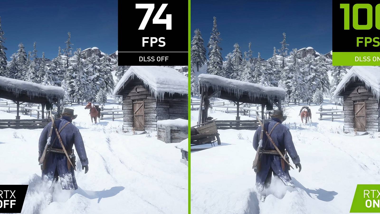 Side-by-side screenshots from Red Dead Redemption 2 showing Nvidia DLSS and RTX off and on.