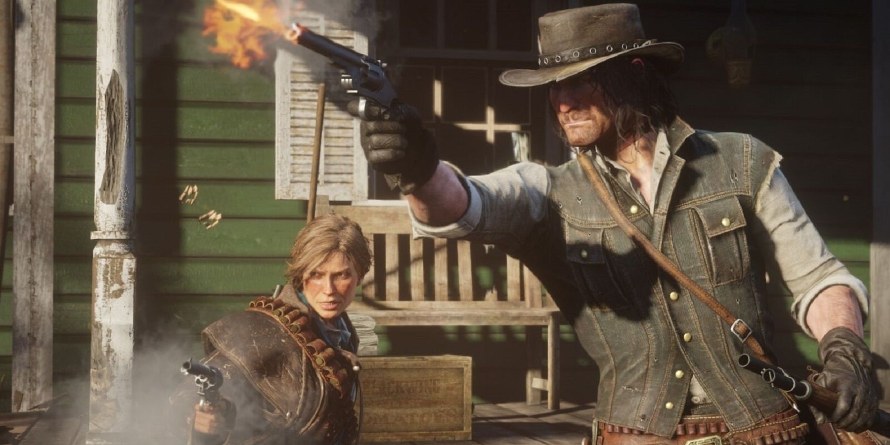 The clip shows a Red Dead Redemption 2 player pull off a two-for-one shot like their in a classic Western.
