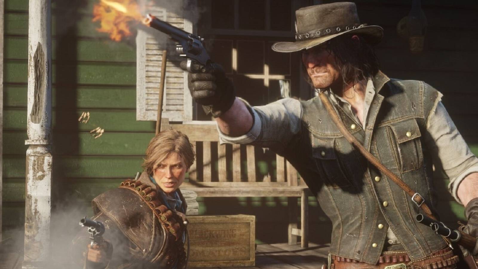 The clip shows a Red Dead Redemption 2 player pull off a two-for-one shot like their in a classic Western.