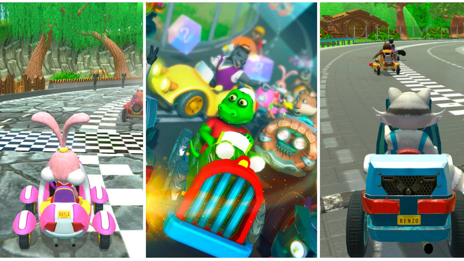 renzo racer bunny character in kart, crocodile character in kart, raccoon character in kart featured