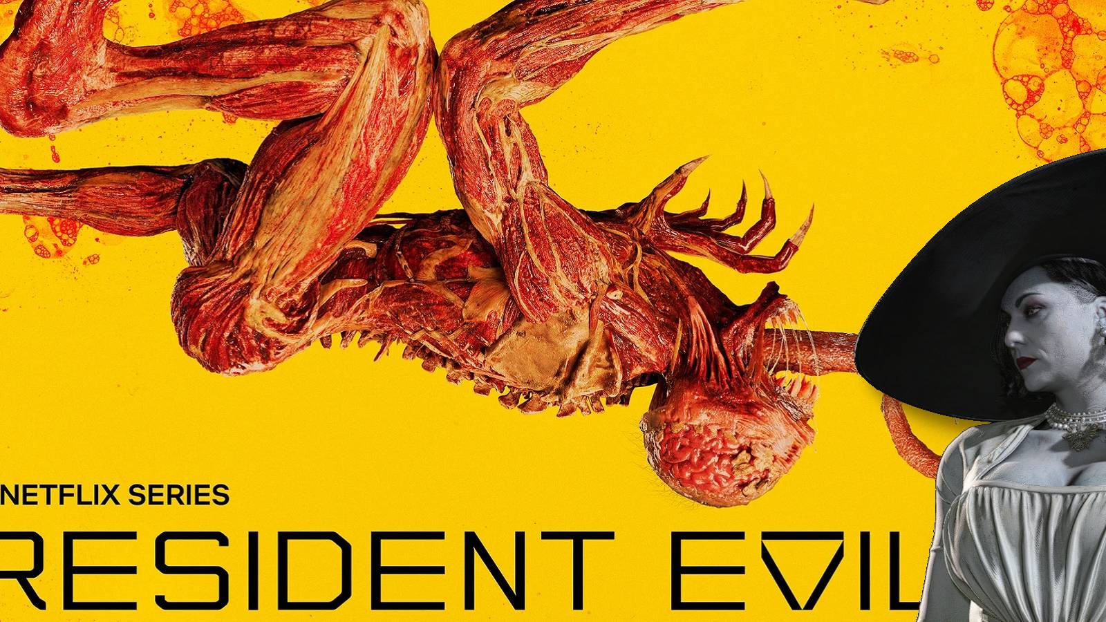 Image from the Resident Evil Netflix show showing an upside Licker and a superimposed image of Lady Dimitrescu.