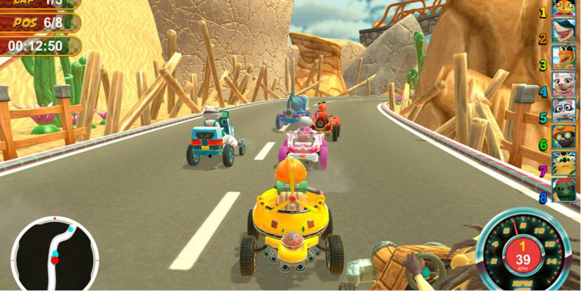 riding a kart through a desert mountain stage in renzo racer