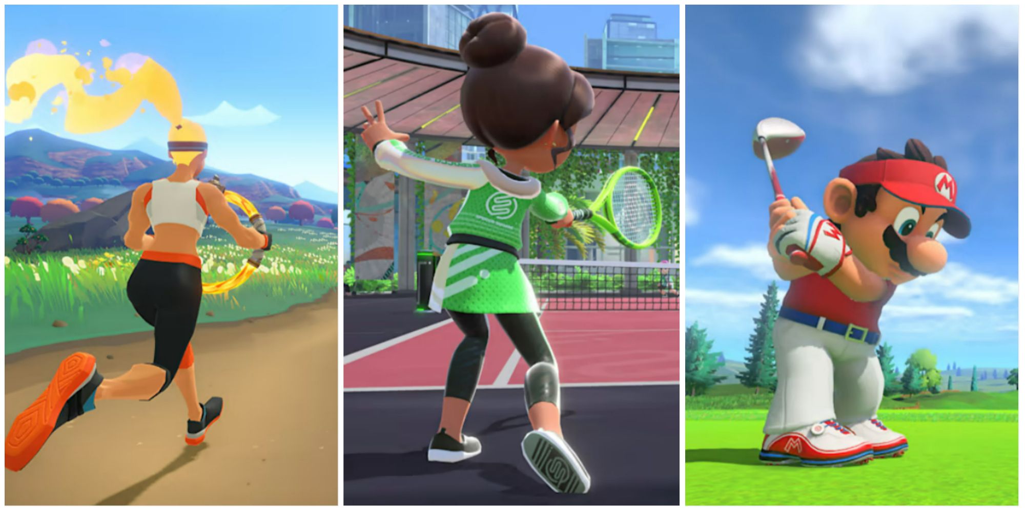 ring fit adventure character running on path, nintendo switch sports character playing tennis, mario golf super rush mario hitting golf ball featured