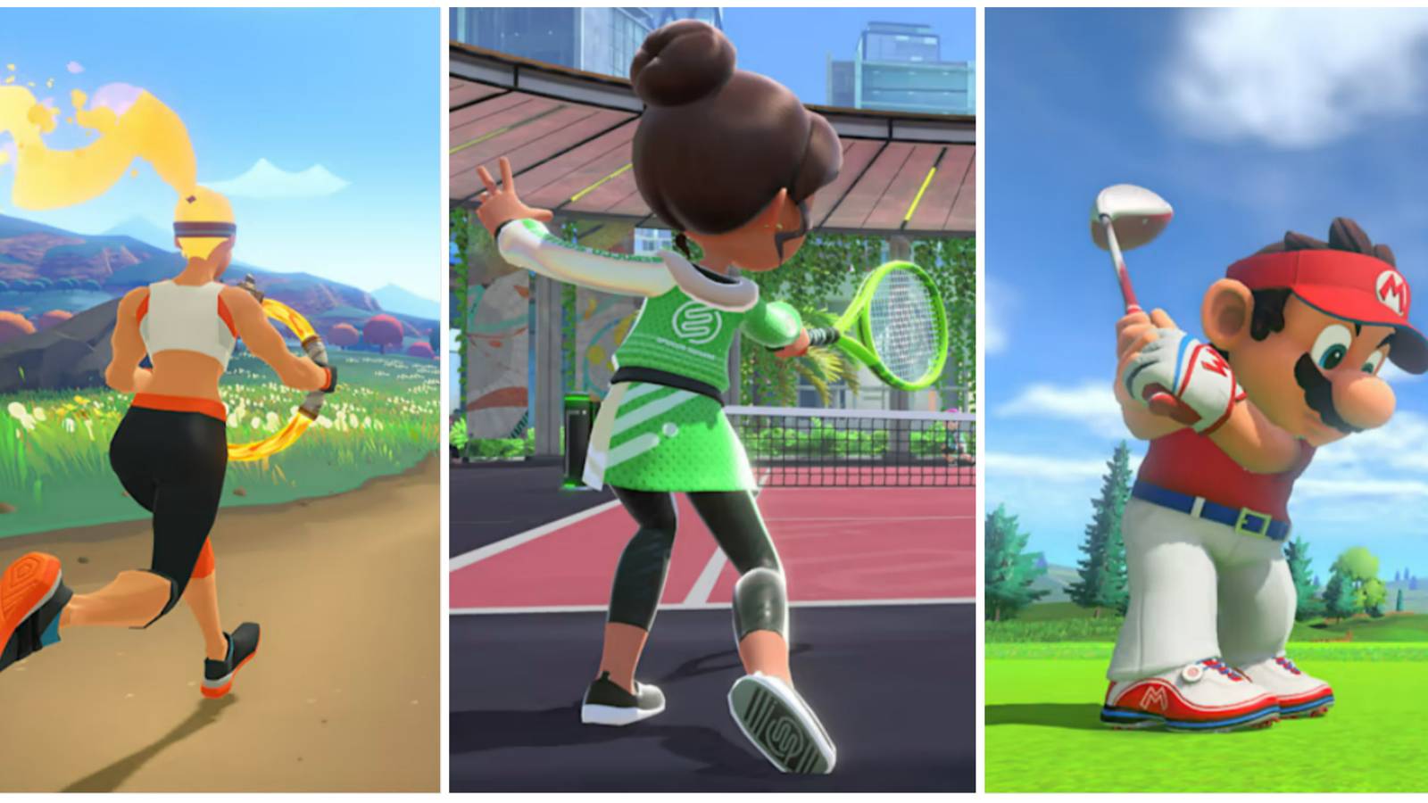 ring fit adventure character running on path, nintendo switch sports character playing tennis, mario golf super rush mario hitting golf ball featured