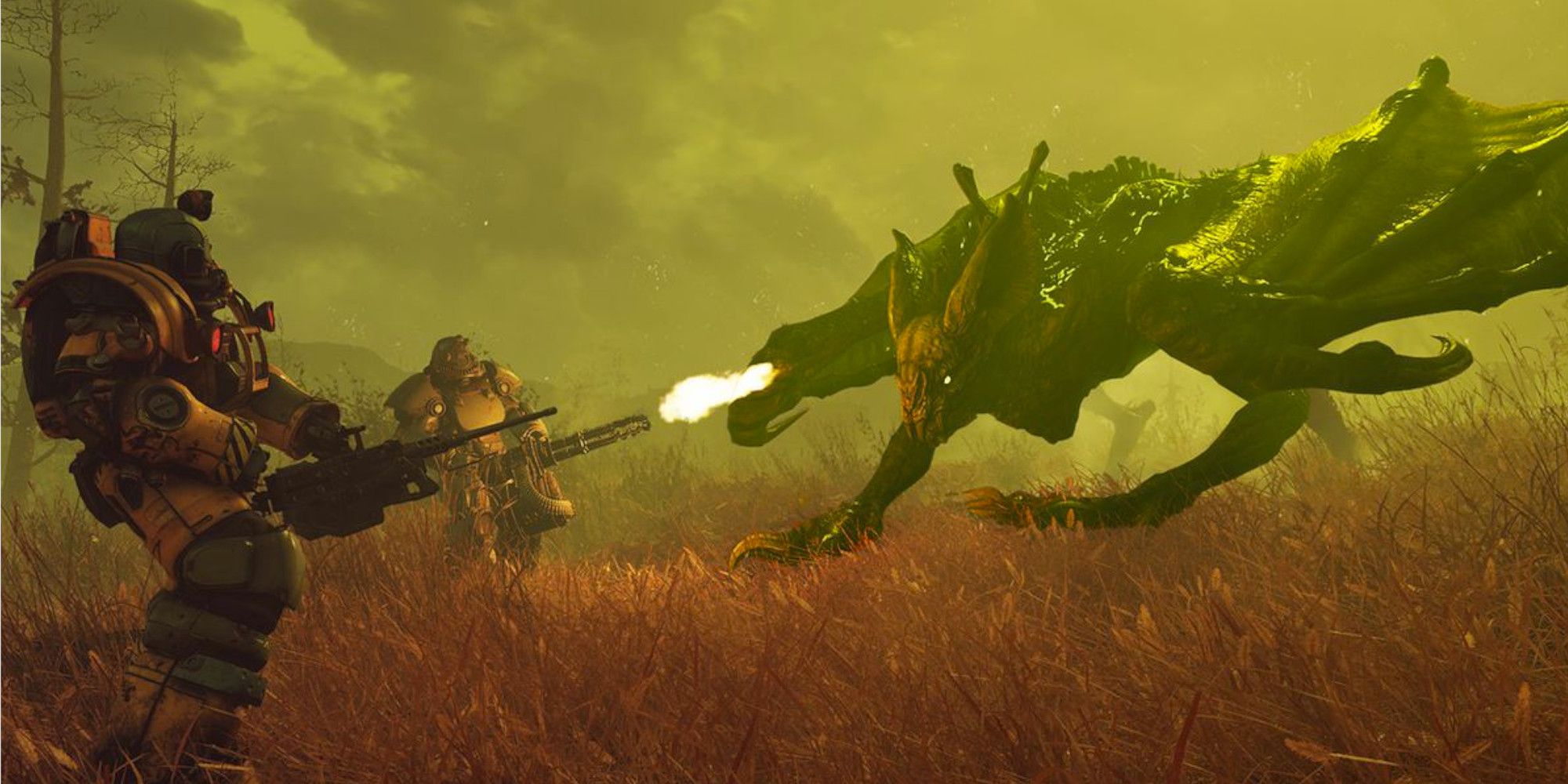 Players fighter a Scorchbeast in Fallout 76