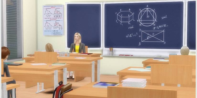 classroom custom content showing desks, chalkboard and posters