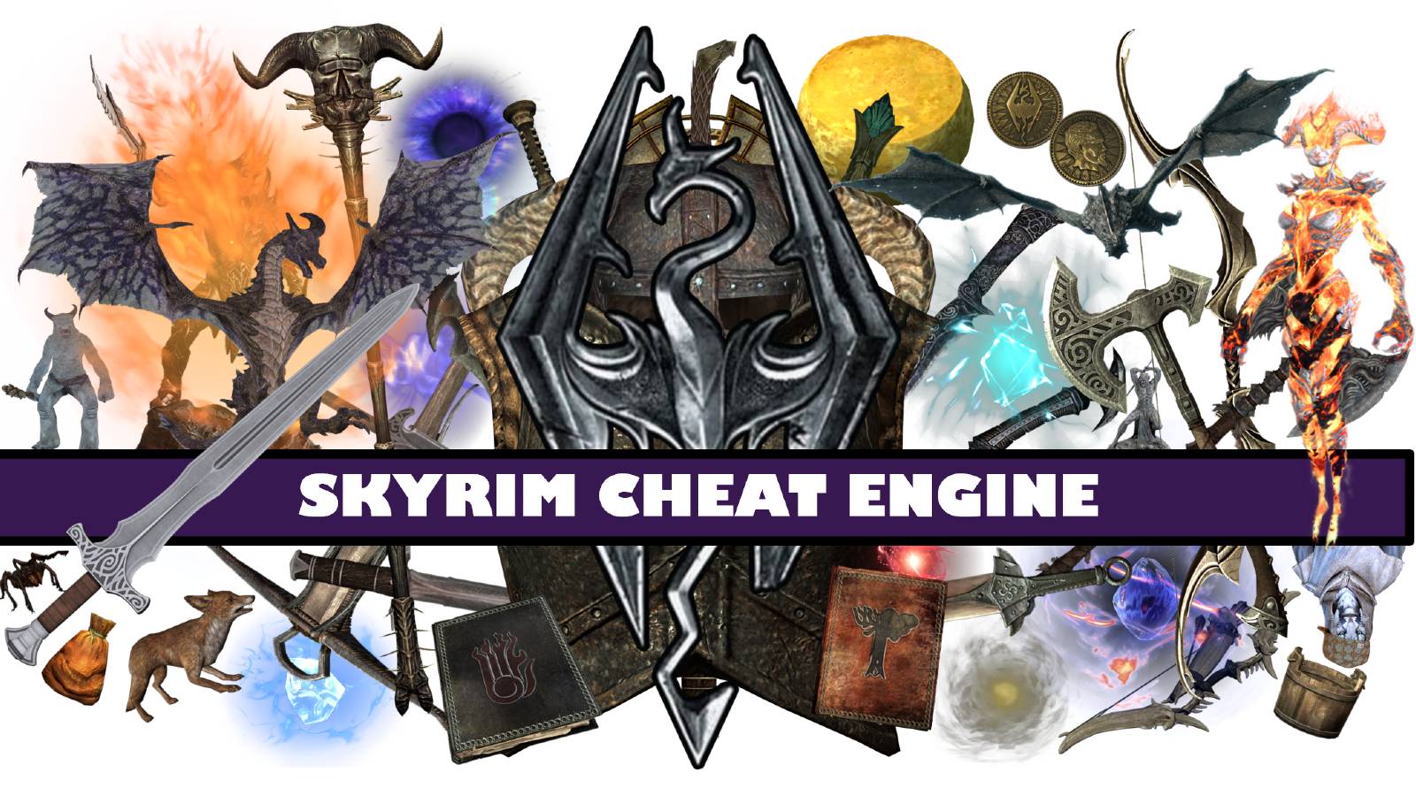 Image showing numerous aspects from Skyrim, with the Skyrim Cheat Engine logo in front.