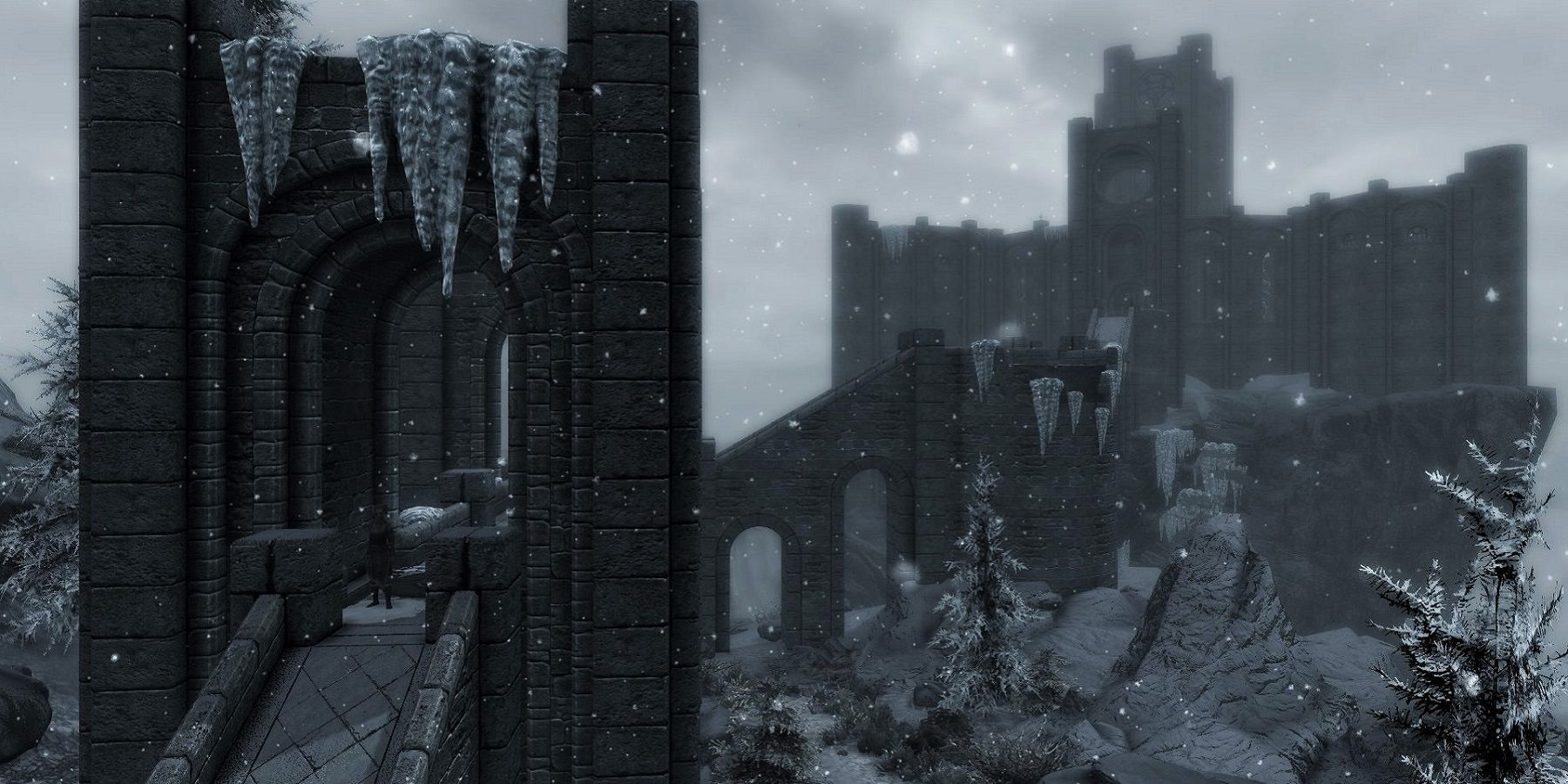Image from Skyrim showing the walk up to the College of Winterhold school of magic.