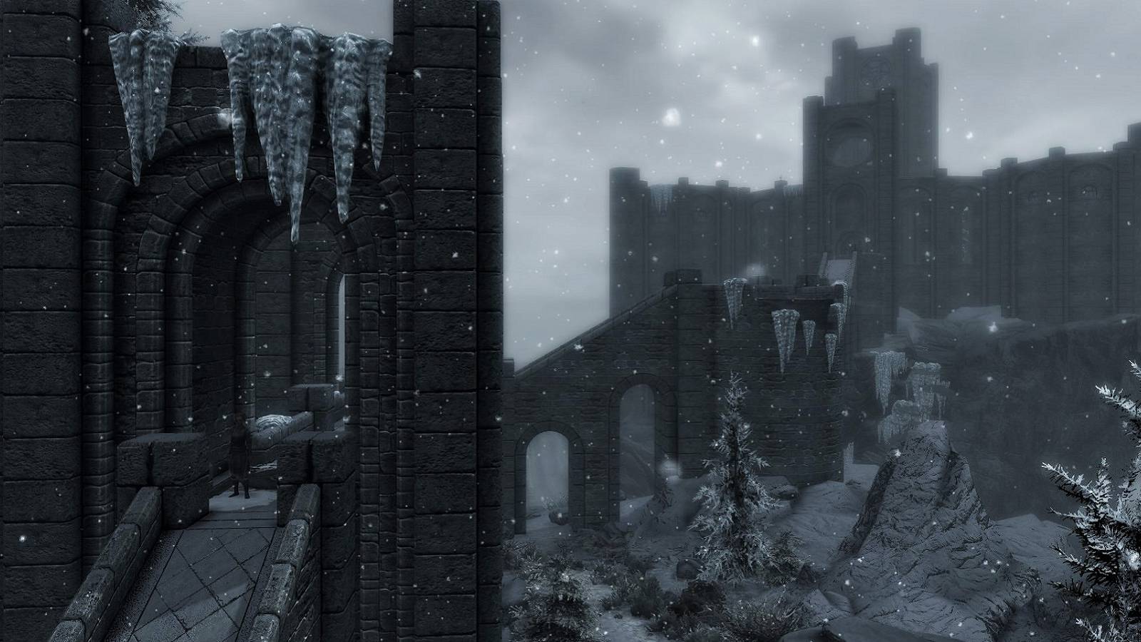 Image from Skyrim showing the walk up to the College of Winterhold school of magic.