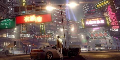A character next to a sports car looks up at the neon lights in Hong Kong in Sleeping Dogs