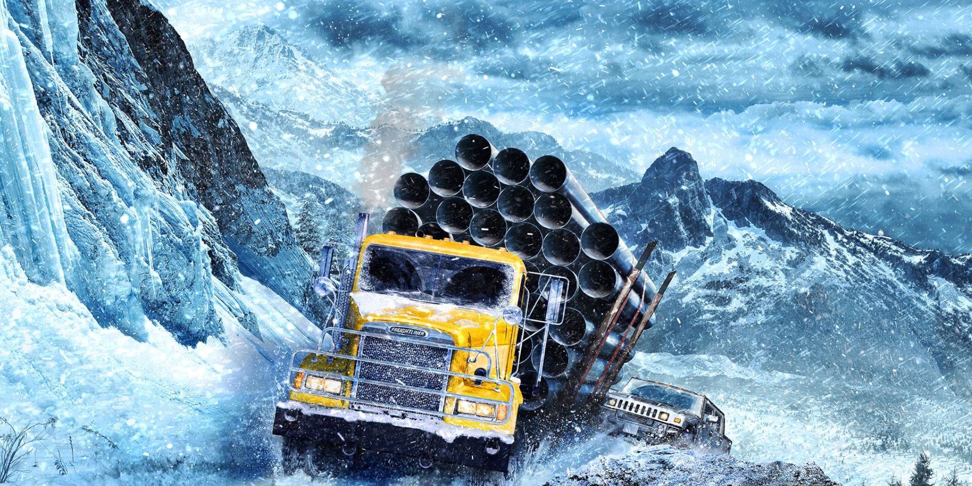 A yellow truck with a hazardous load climbs a mountain