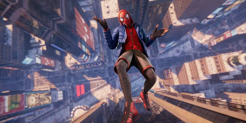 Miles Morales poses as he plummets towards the street