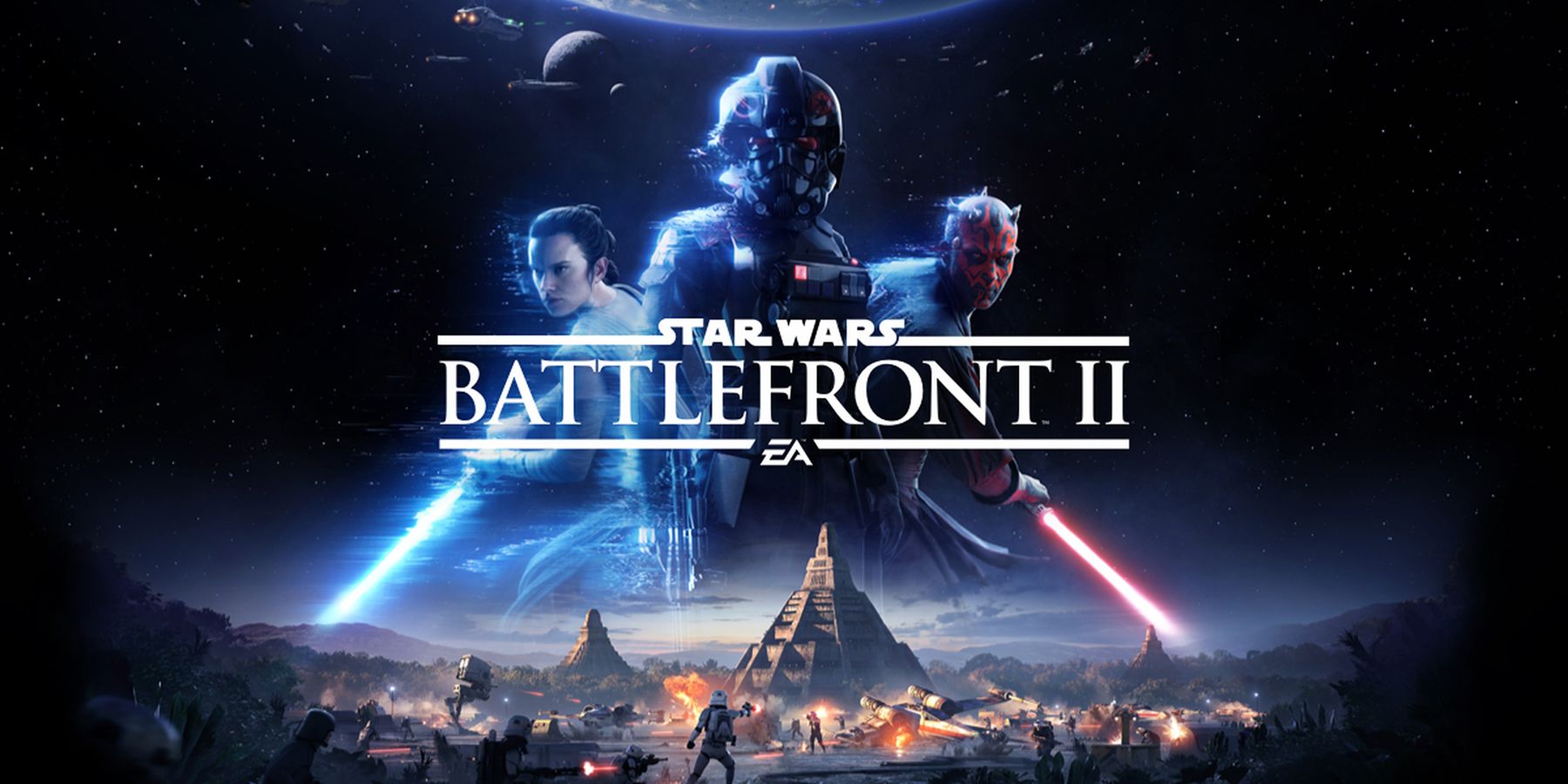 An Imperial pilot, Rey Palpatine, and Darth Maul stand in front of the game title as a battle rages around them