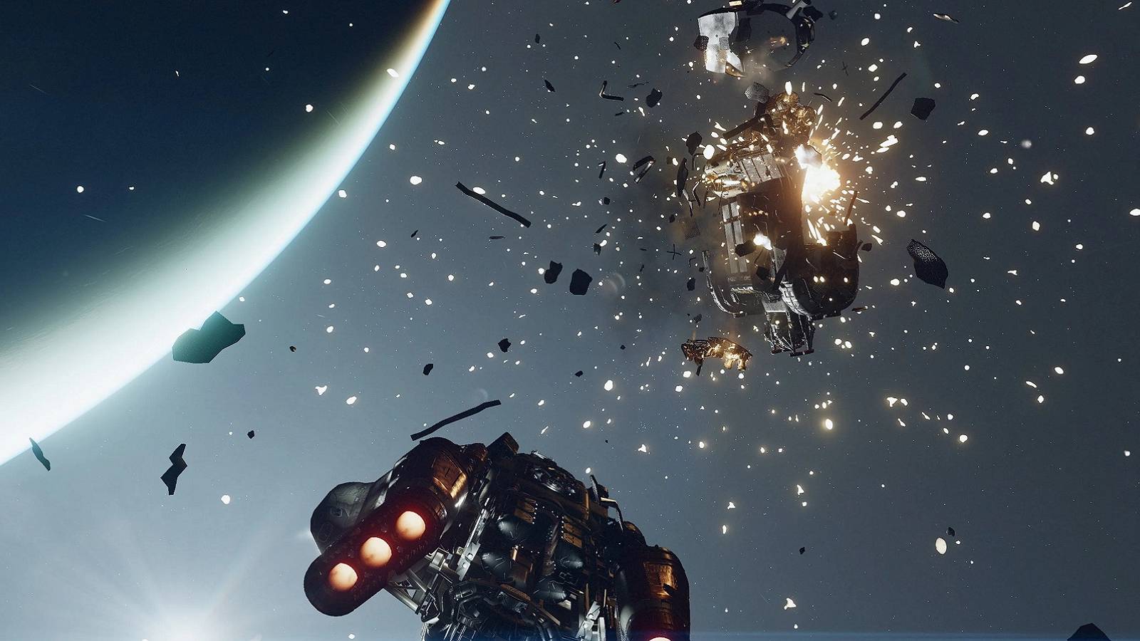Image from Starfield showing one ship blowing up another just above a non-descript planet.