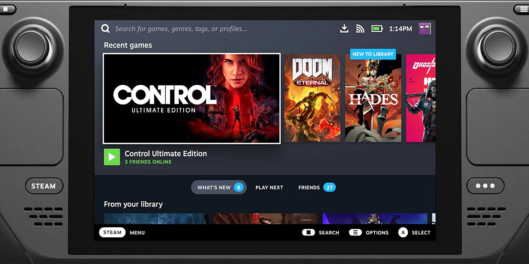 Close-up image of a Steam Deck showing a number of games on the screen, including Control and Doom Eternal.