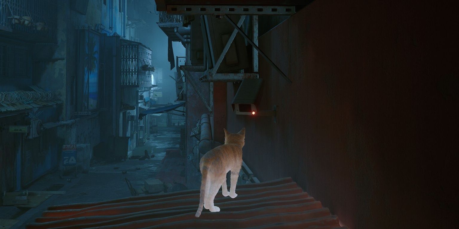 Screenshot from Stray, including cat and CCTV camera