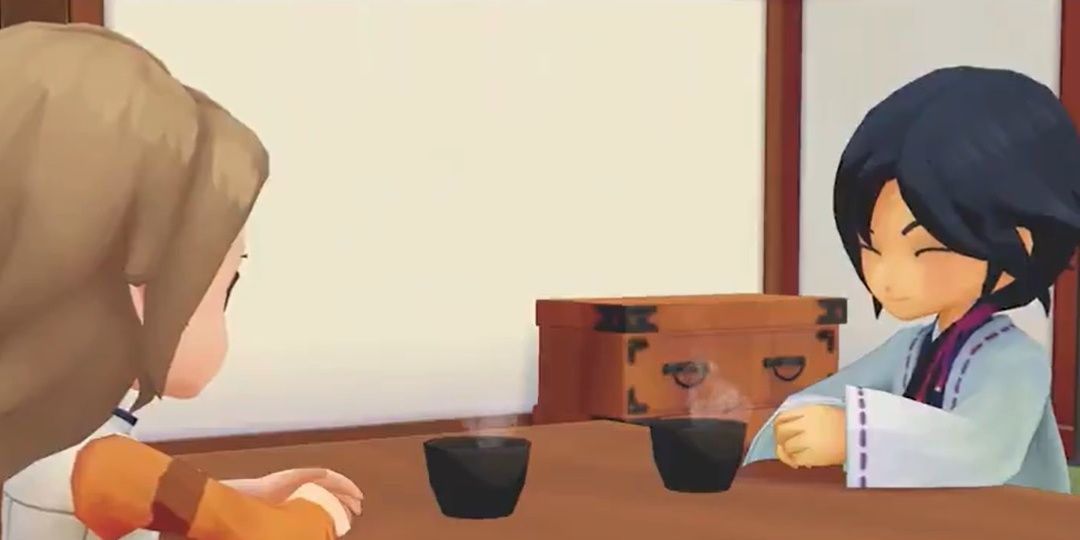 Iori sitting drinking tea with the player in Story of Seasons: Pioneers of Olive Town