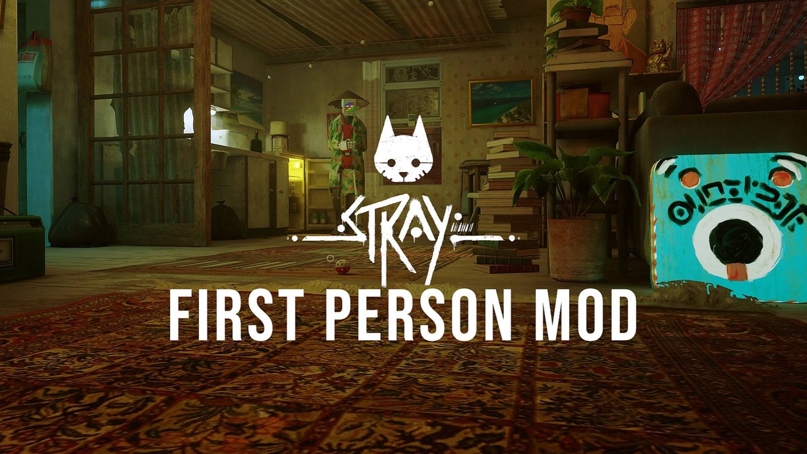 Image from Stray showing a carpet and room from a first-person perspective.