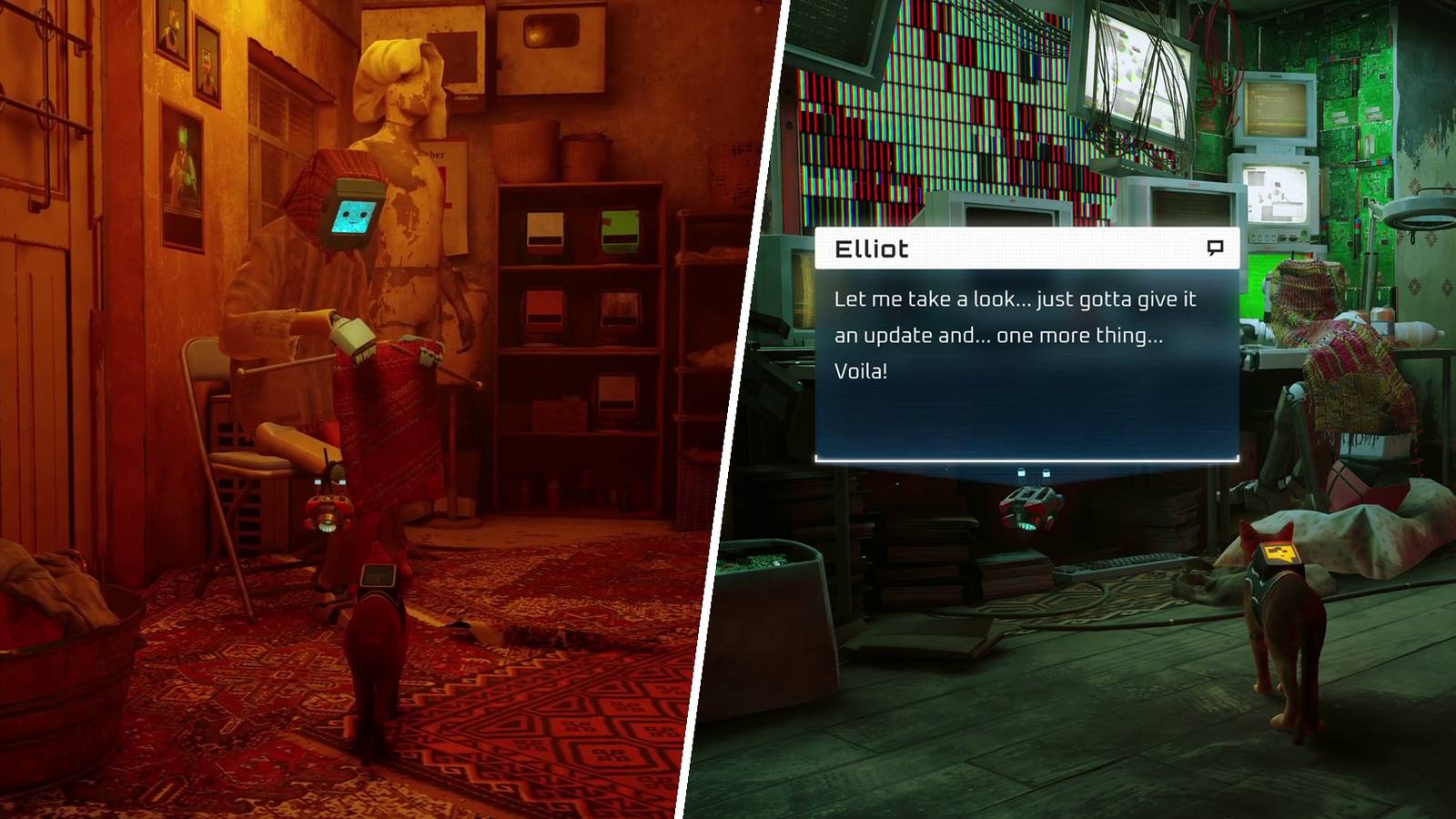 Grandma knitting the Electric Cable into a Poncho and Elliot fixing the Broken Tracker in Chapter 6 of Stray