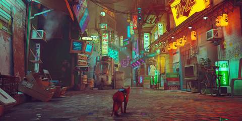 Image from Stray showing the cat wandering into a neon-lit street.