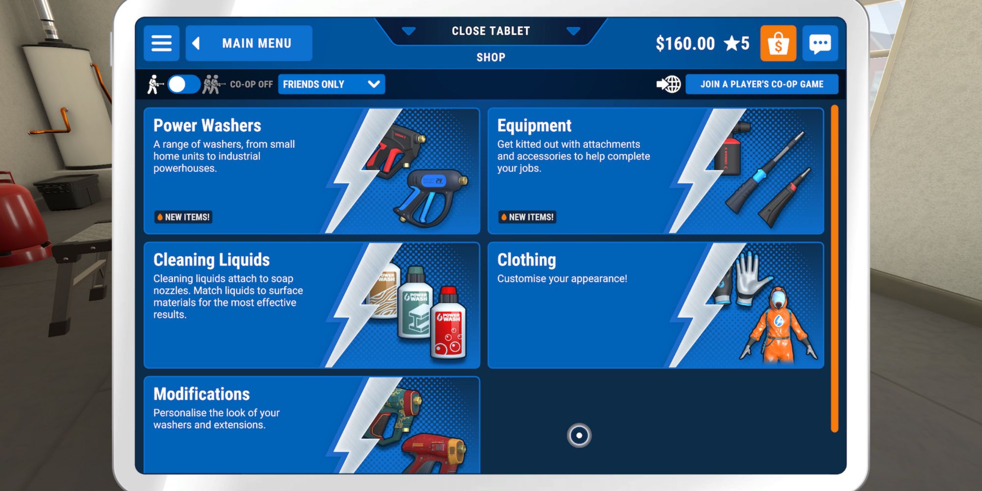 the various purchaseable items and equipment menu in powerwash simulator