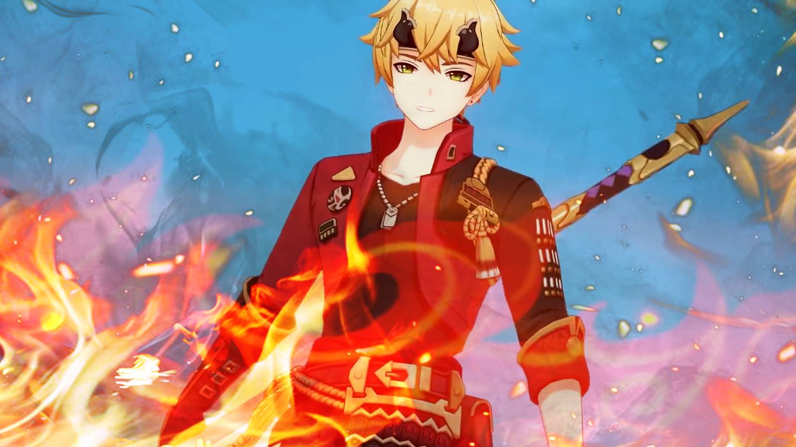 thoma surrounded by fire in genshin impact
