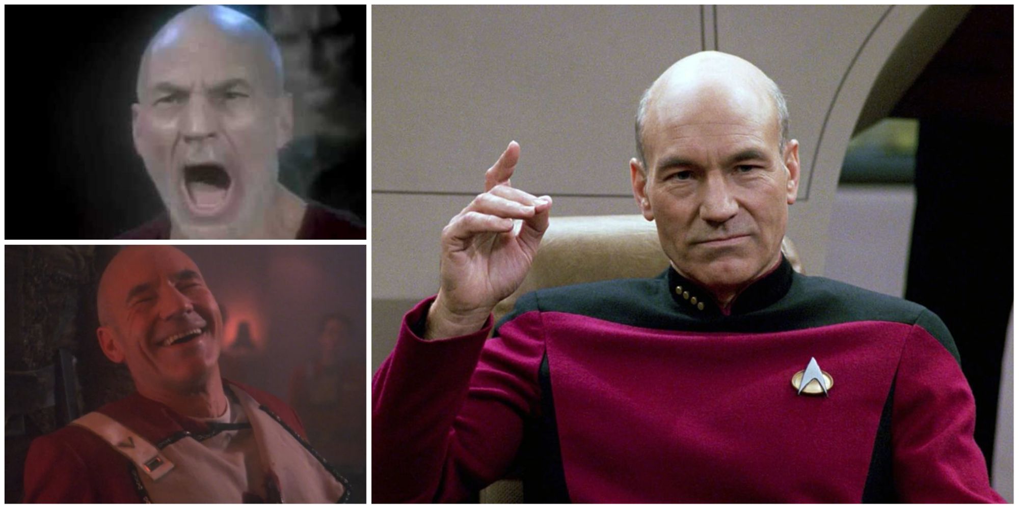 three pictures of jean luc picard in a photo collage