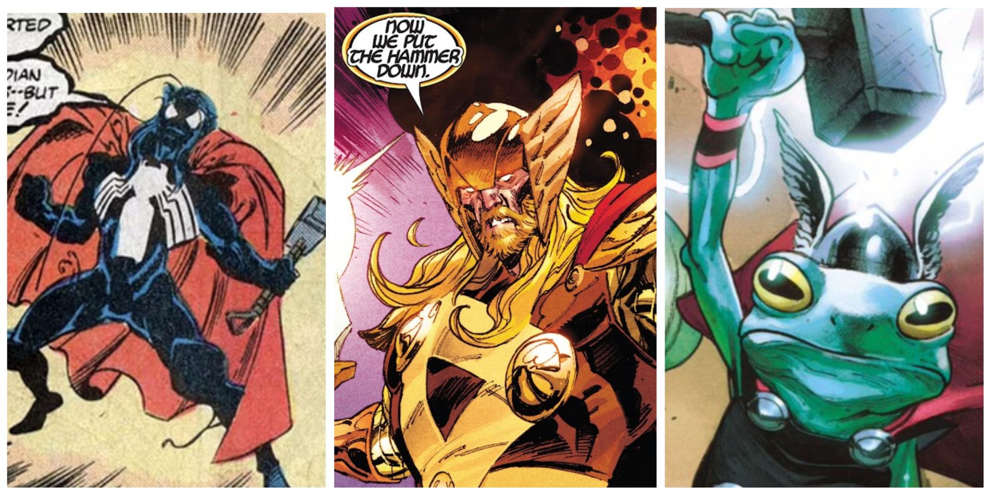 three pictures of thor with weird powers in a photo collage