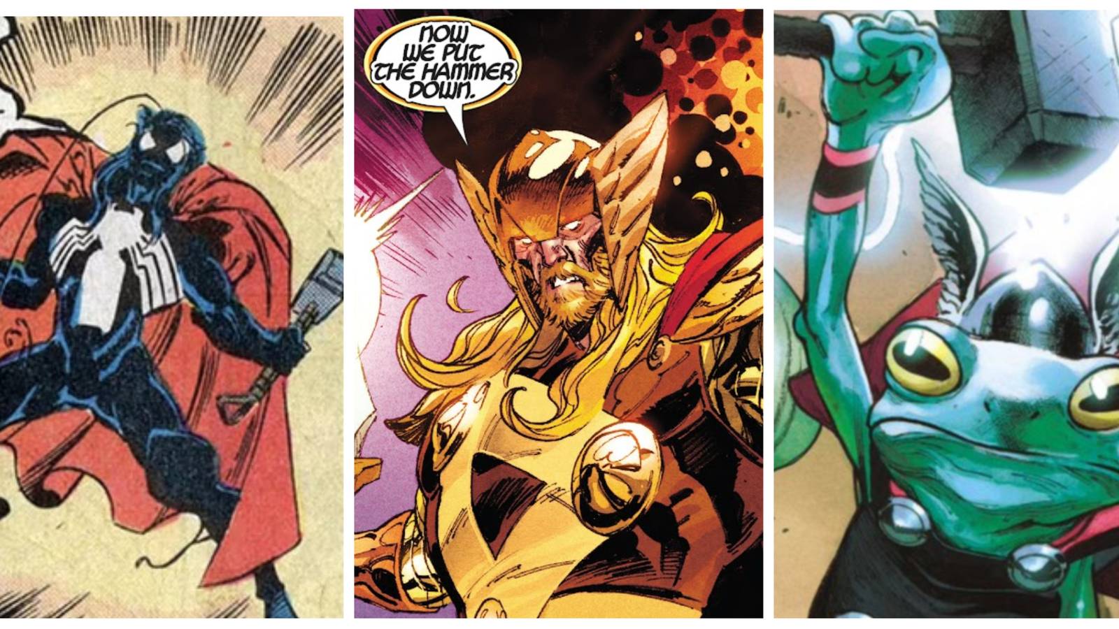 three pictures of thor with weird powers in a photo collage