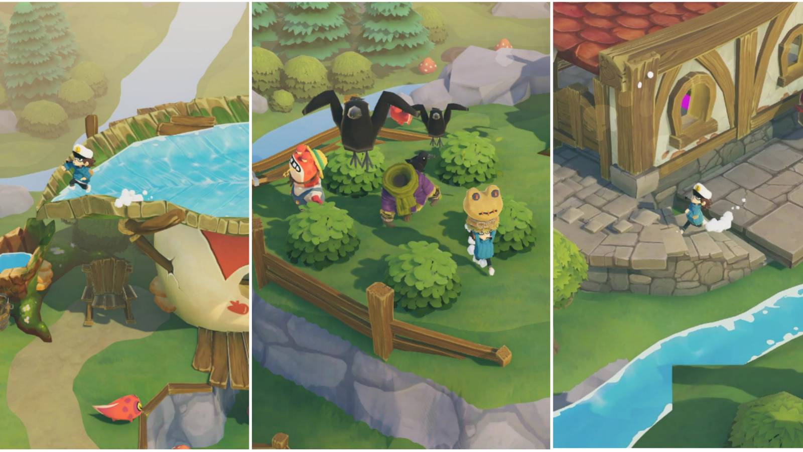 time on frog island character splashing in water, frogs and character in field, character running through town featured