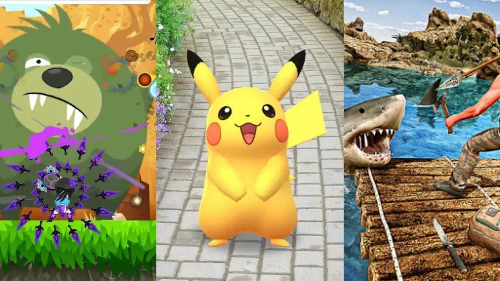 fight against titan inTap Titans 2 Idle Clicker RPG, Pikachu in Pokemon Go, shark attack in Raft Survival Multiplayer