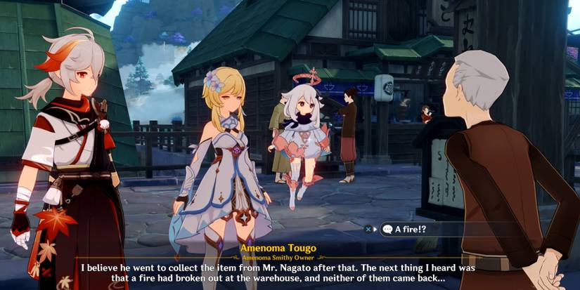 traveler, paimon and kazuha talking to tougo in genshin impact