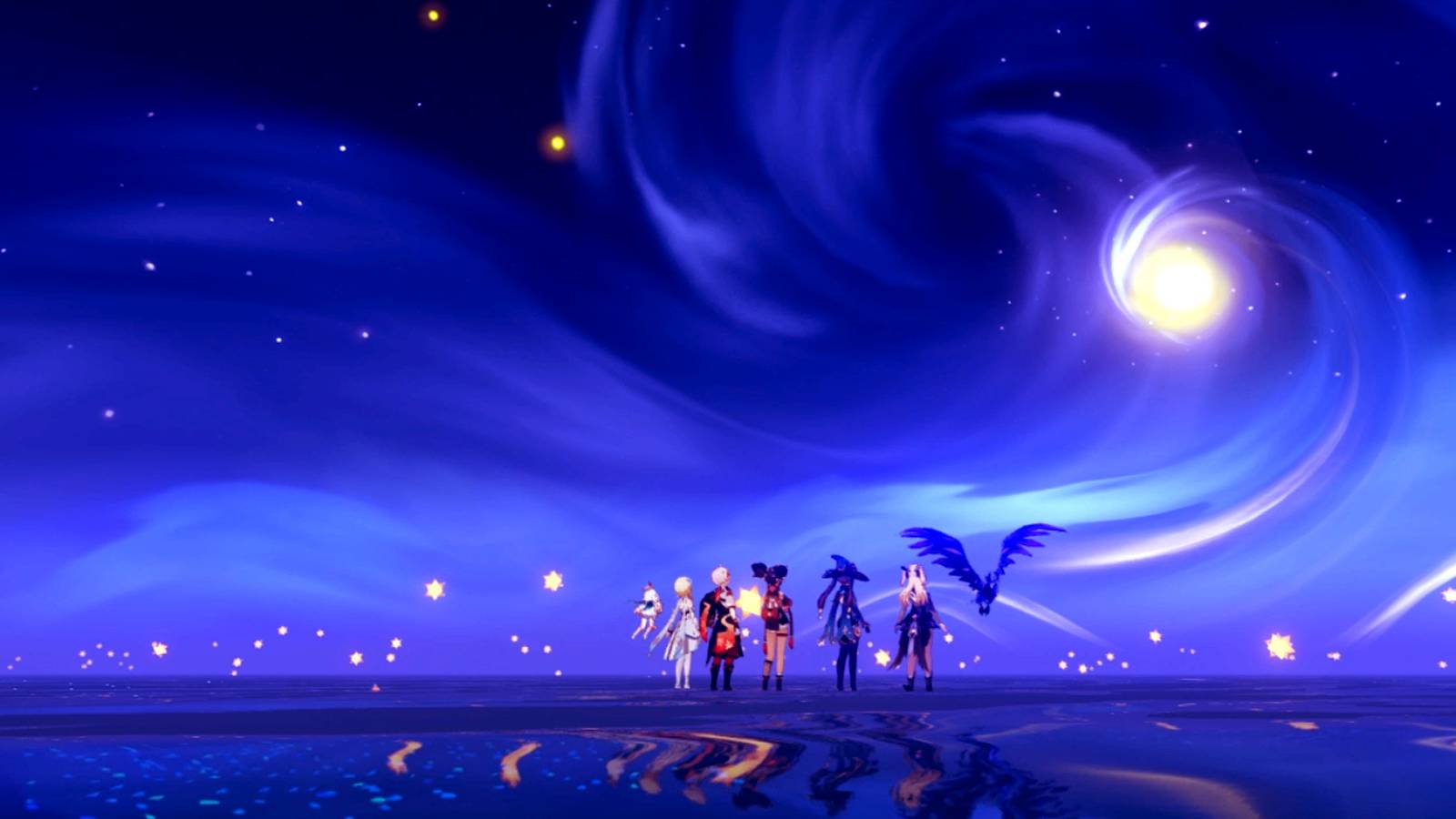 traveler, xinyan, kazuha, mona, and fischl in genshin impact