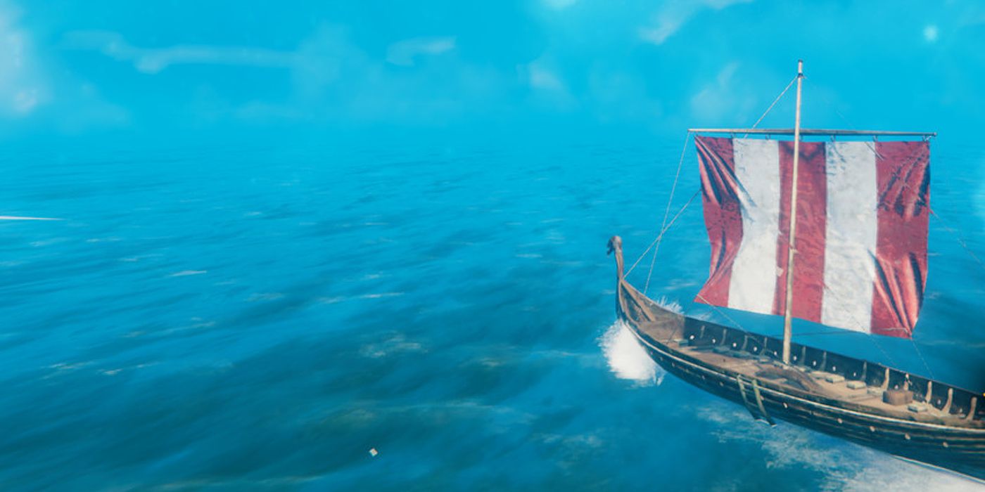 A player sailing in Valheim Tropical