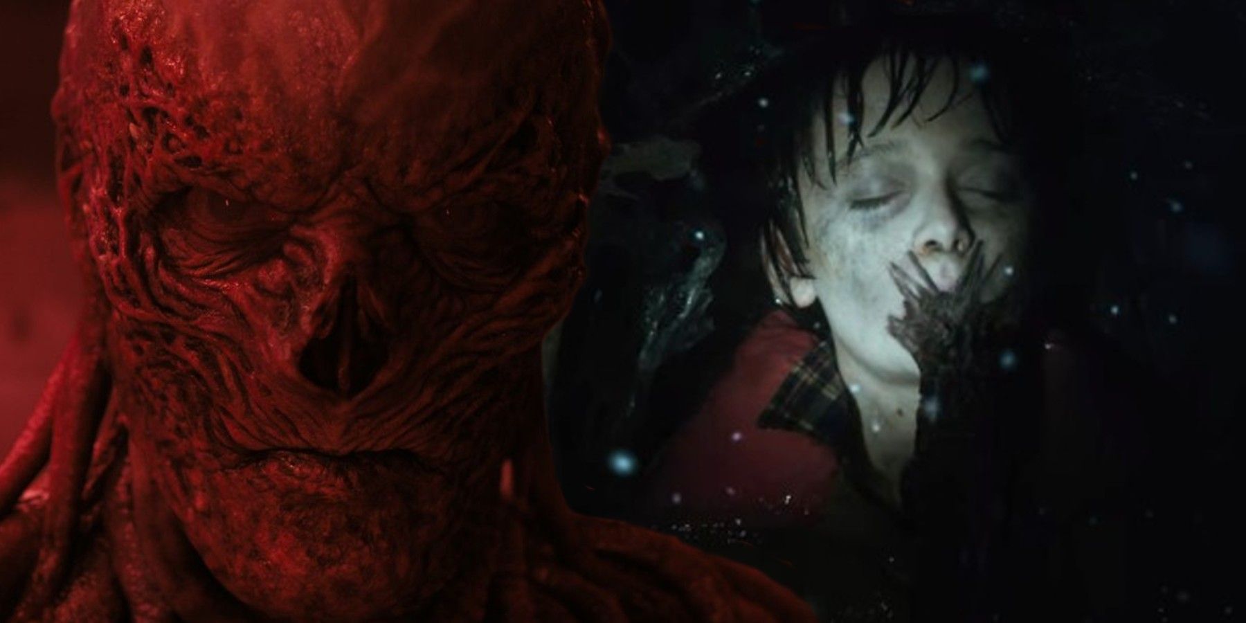 Vecna and Will Byers in the Upside Down in Stranger Things season 1 split image