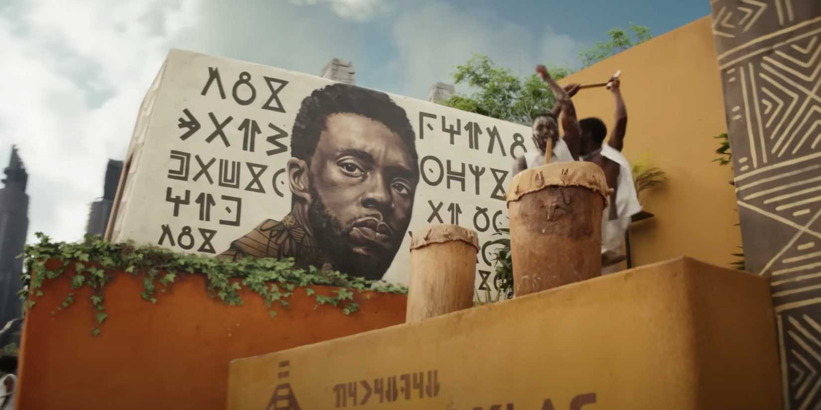 A billboard in Wakanda features T'Challa in Black Panther: Wakanda Forever