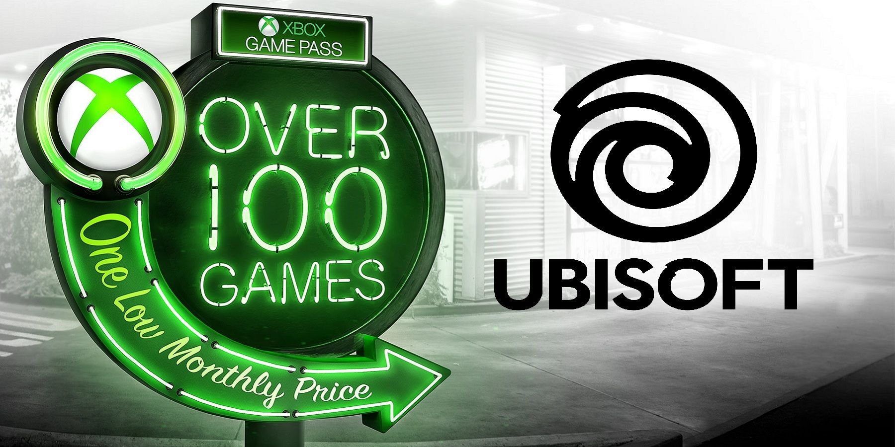 xbox game pass neon sign with ubisoft logo