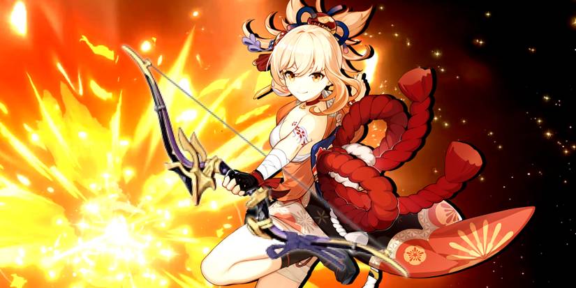 yoimiya holding hamayumi in genshin impact