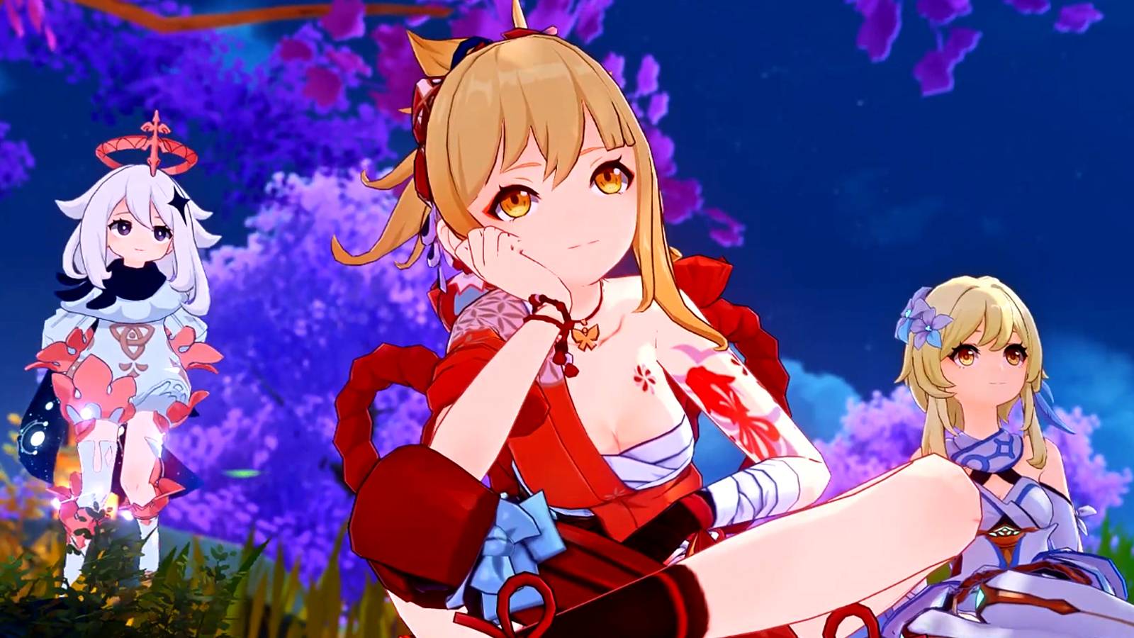 yoimiya, lumine, and paimon in genshin impact