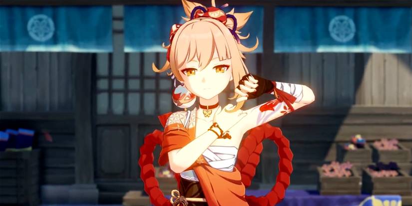 yoimiya stretching in genshin impact