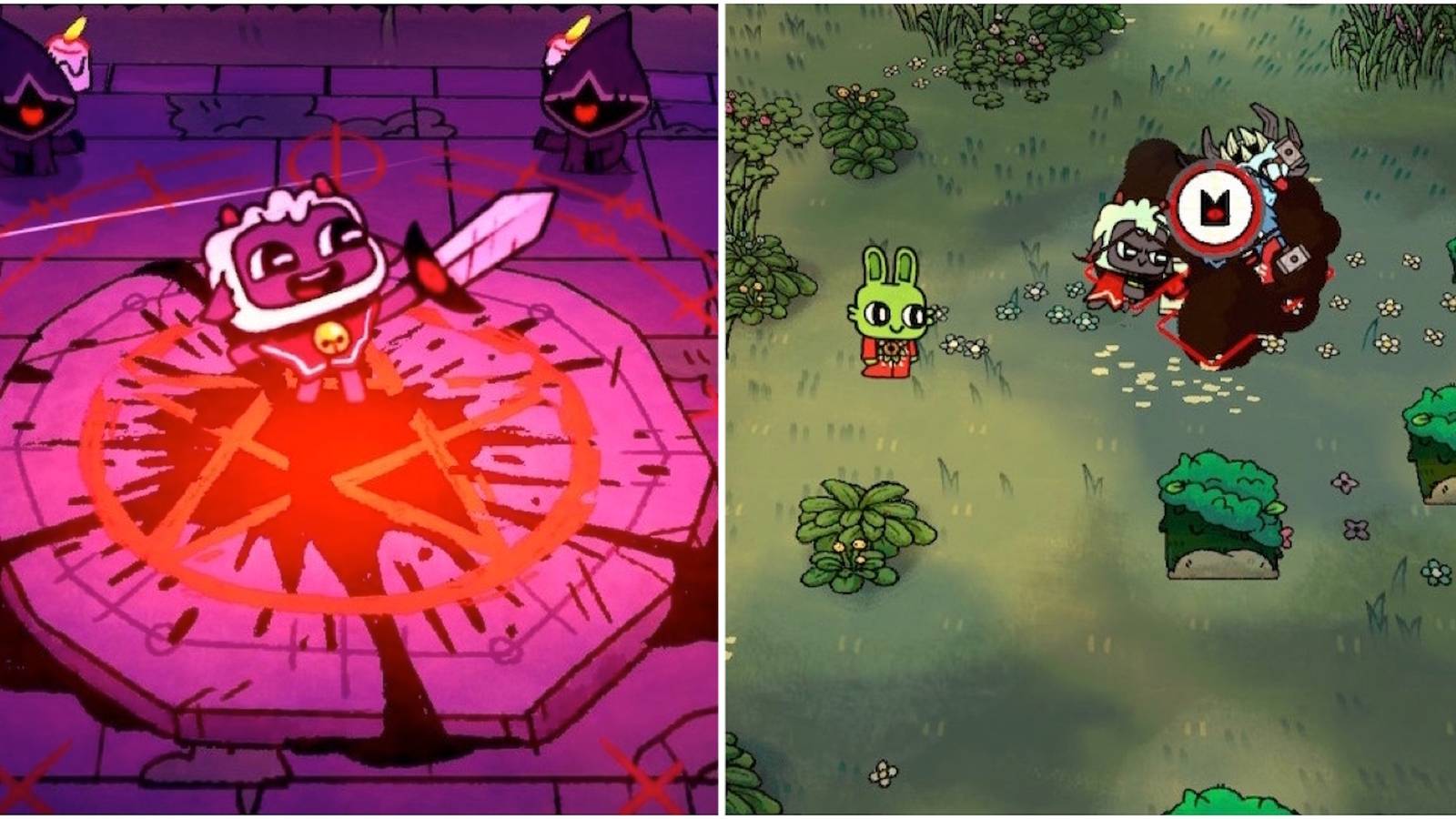 A cutscene featuring characters and tending to your land in Cult of the Lamb