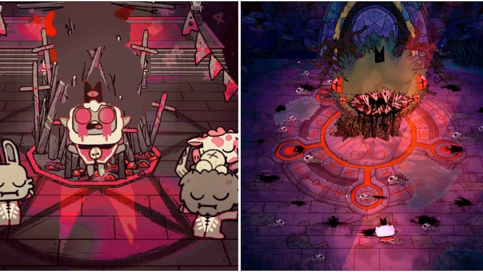 A cutscene featuring characters and fighting a boss in Cult of the Lamb